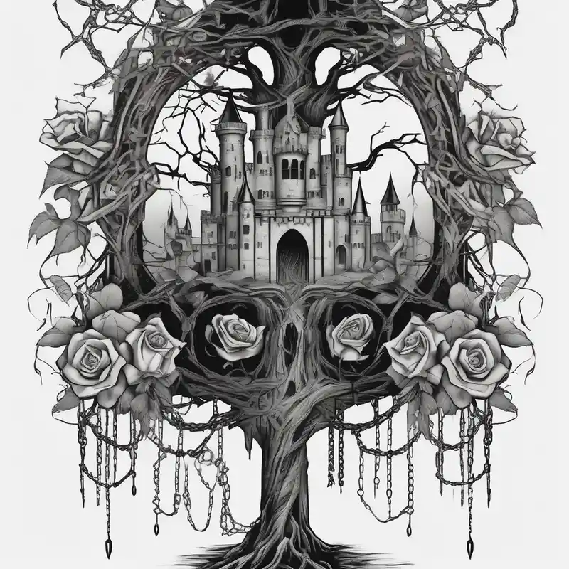 tattoo fool sleeve, dark gothic castle, tree roots break out of the chains, broken mask, girl, roses glitter tattoo
